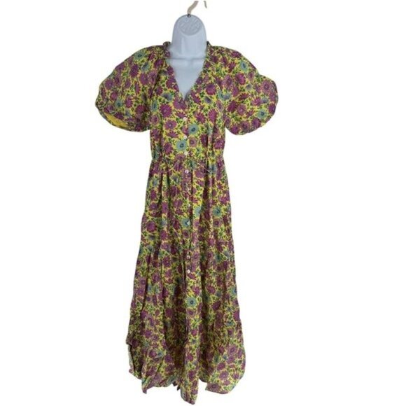 Banjanan NWT Poppy Puff Sleeve Daisy Floral Maxi Dress Size XS Yellow Purple - Picture 4 of 11